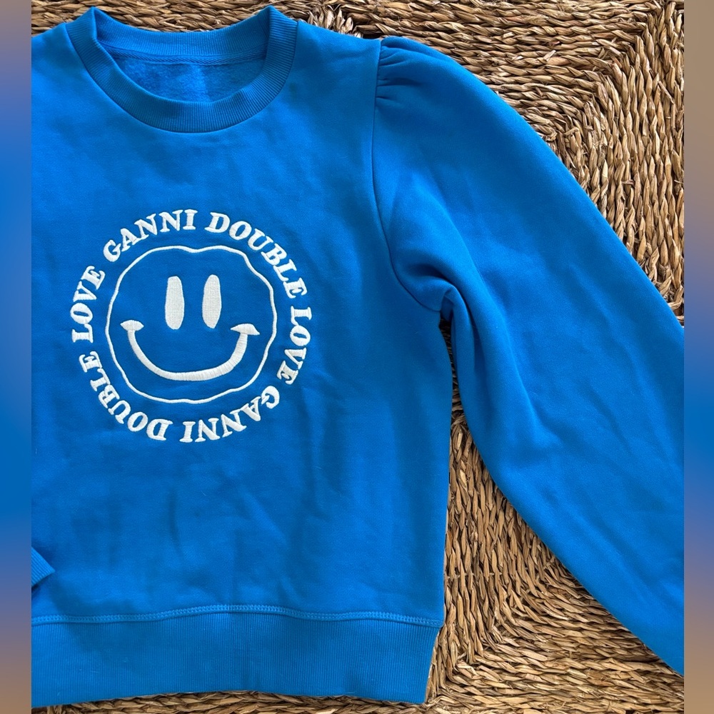 GANNI puffed sleeve double love sweatshirt blue and white embroidered